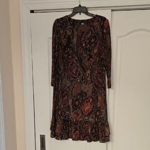 Tommy Hilfiger Brown and Red Paisley Long Sleeve Dress